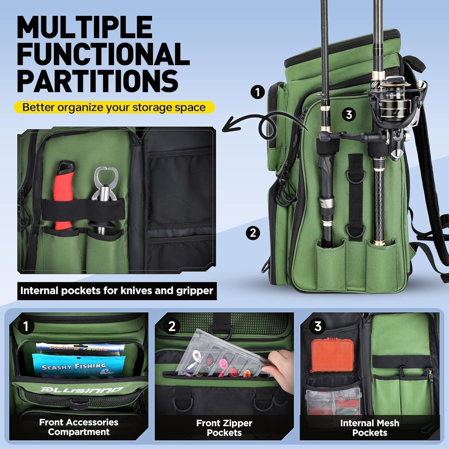 42L Large Capacity Fishing Tackle Backpack with Ergonomic Design and Rod Holders