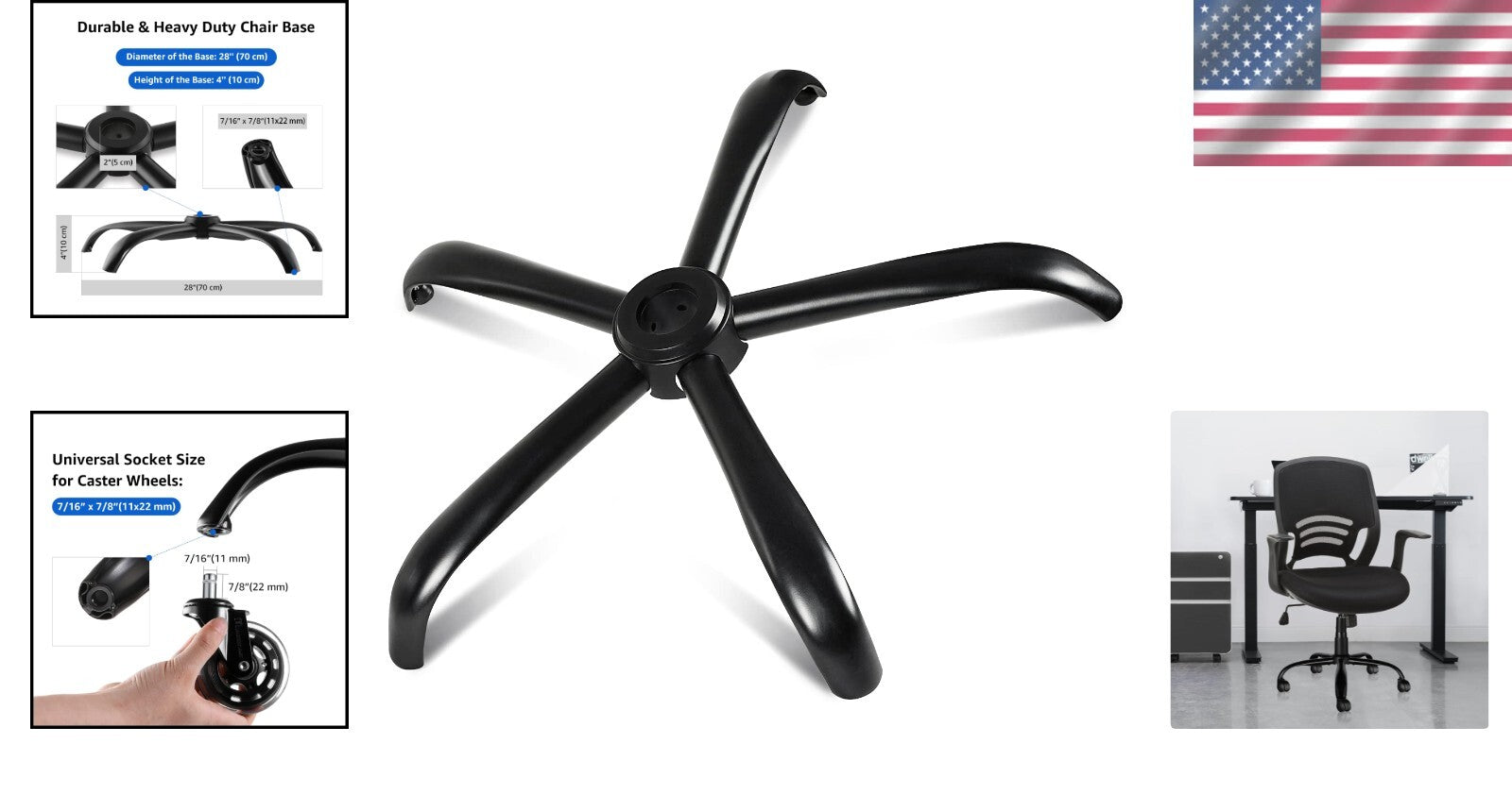 Durable 70 cm Office Chair Base Replacement - Secure and Stylish in Matte Black