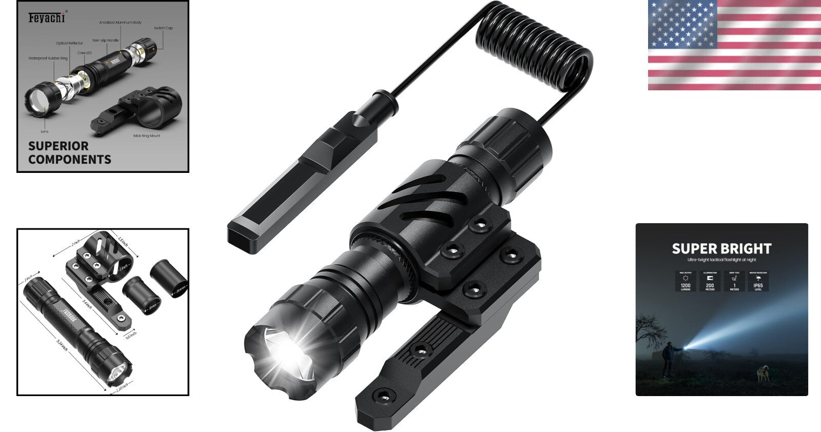 1200 Lumens Tactical Flashlight with Pressure Switch & Offset Mount - Shockproof