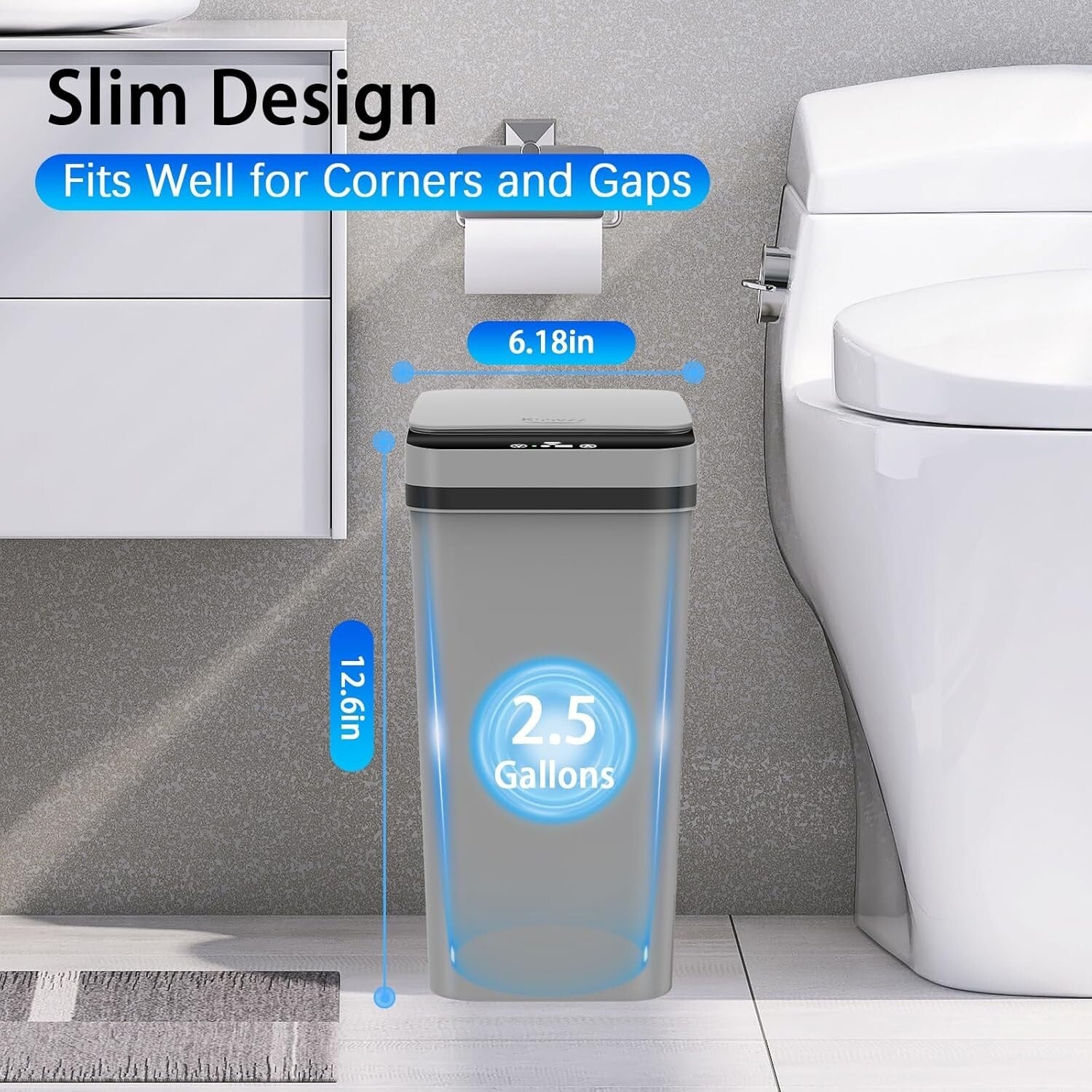 Slim Automatic Trash Can Bundle - Waterproof 2.5 Gallon Waste Bins for Home