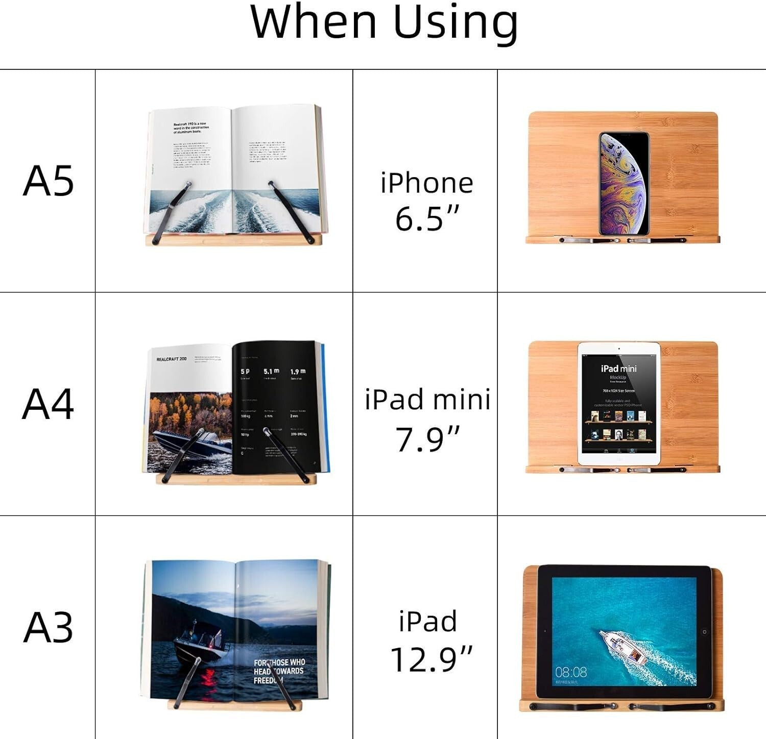 Height & Angle Adjustable Bamboo Book Holder with Page Clips - 11 x 8 Inches