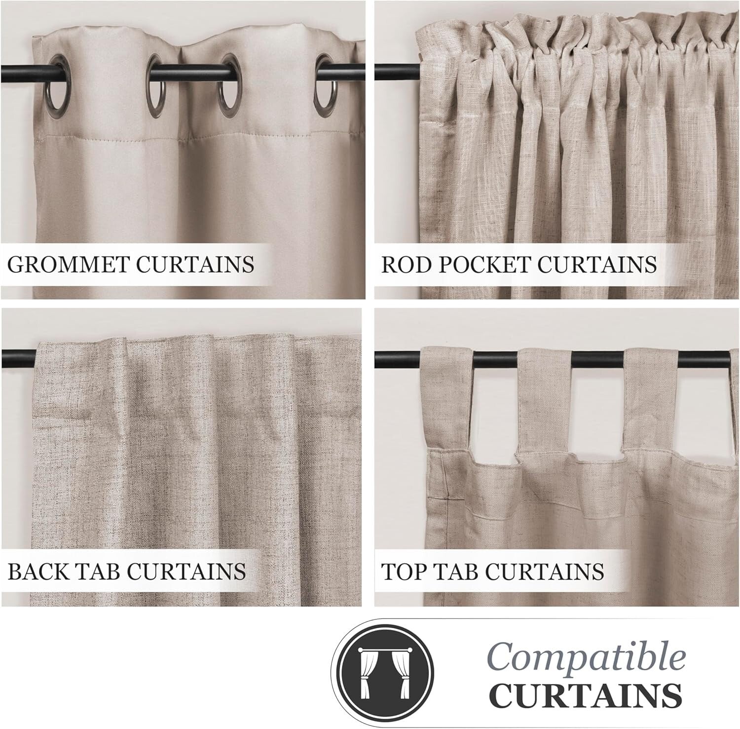 Durable Black Extendable Curtain Rods, 5/8" diameter, 4 Pack for Window Decor