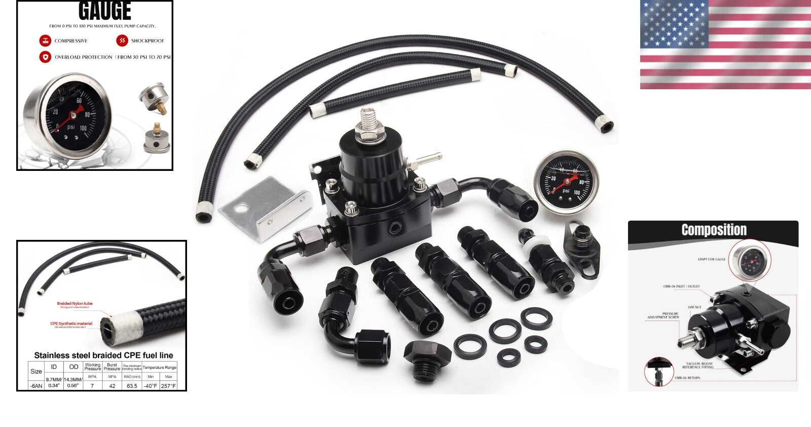 Adjustable Aluminum EFI Fuel Pressure Regulator Kit with 6AN Fittings & Gauge