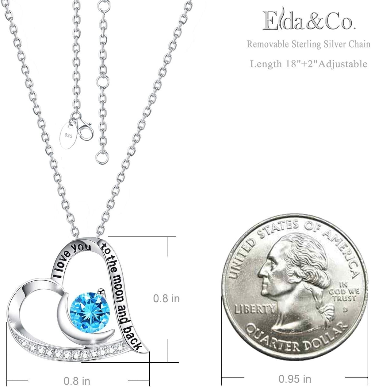 Adjustable Love Heart Necklace with Blue Aquamarine Birthstone - Special Gift