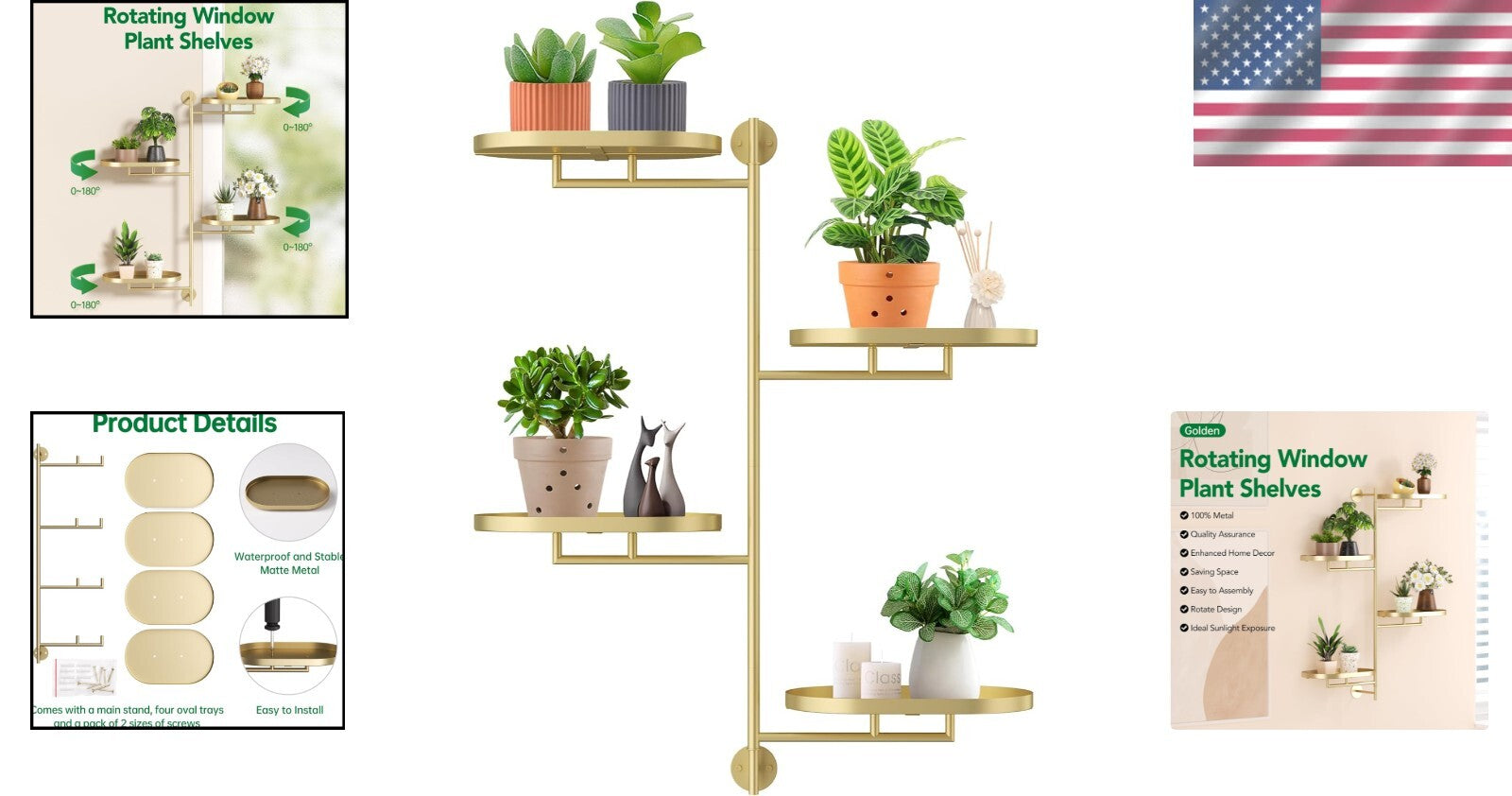 Rotating 4-Tier Wall-Mounted Plant Stand - Elegant Golden Shelf for Indoor Use