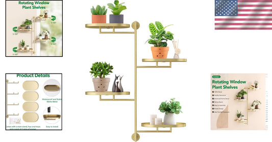 Rotating 4-Tier Wall-Mounted Plant Stand - Elegant Golden Shelf for Indoor Use