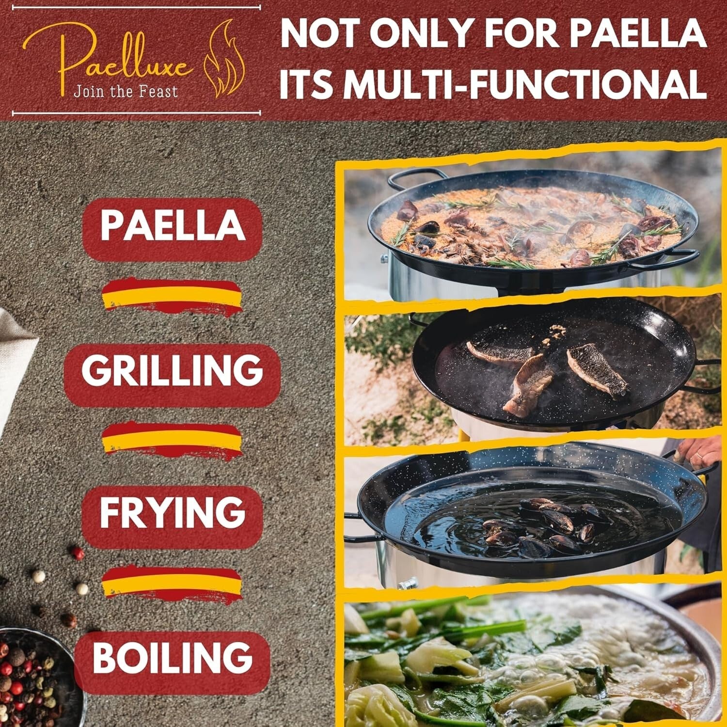 Easy-Clean 22 Inch Enameled Paella Skillet for Large Gatherings & Outdoor Feasts