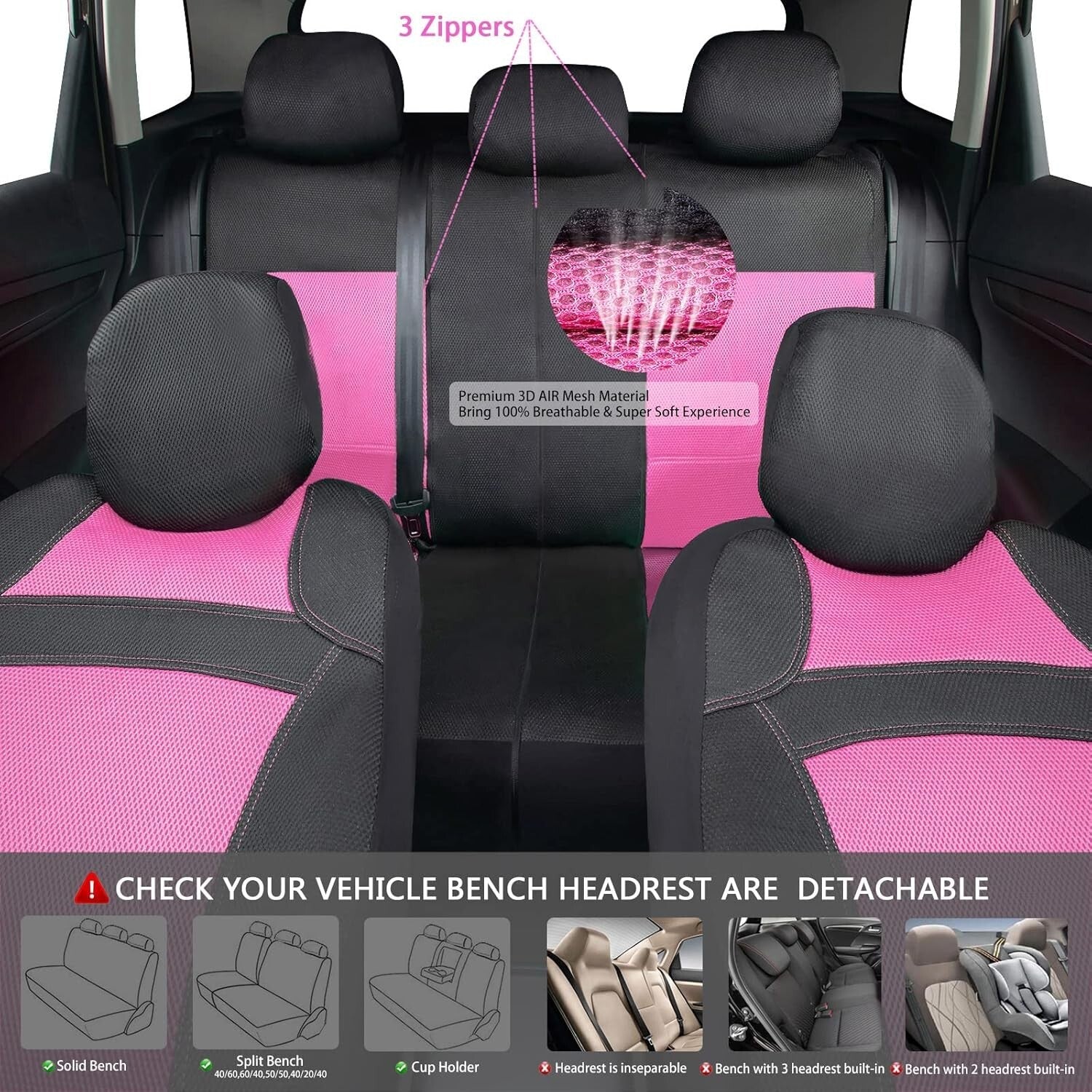 Cute Universal 13PCS Breathable Seat Covers for SUVs & Trucks – Hot Pink Accents