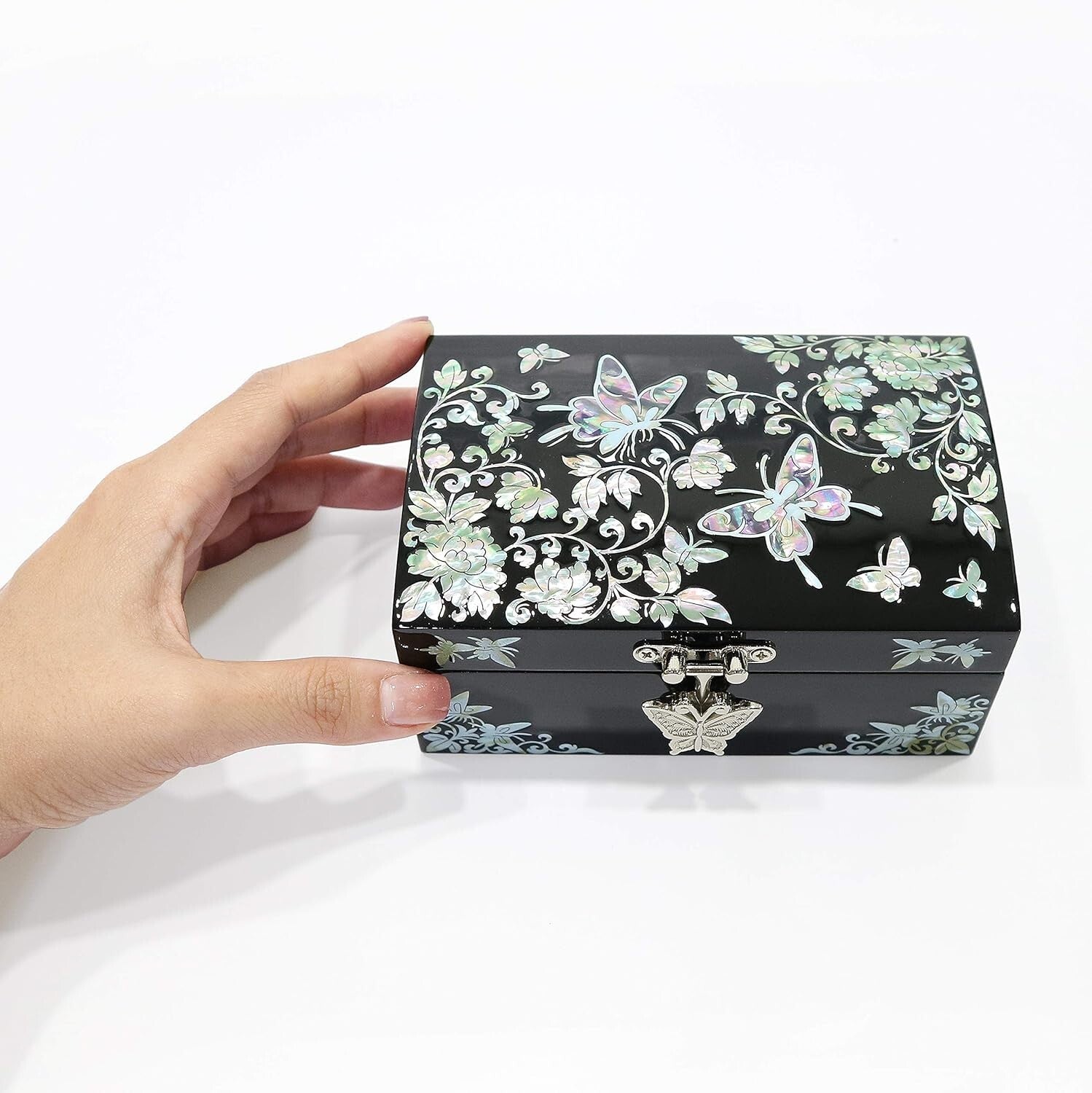 Elegant Butterflies Jewelry Box - Handmade Wood with Mirror Inside Lid