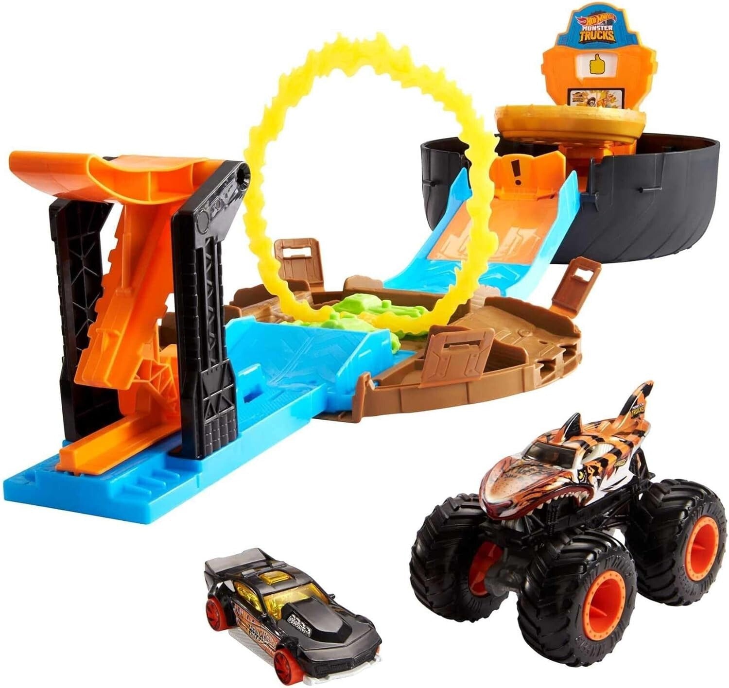 5-in-1 Monster Trucks Tire Arena - Launcher, Stunt Flip, 2 Mini Cars Included