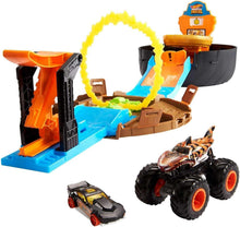 Load image into Gallery viewer, 5-in-1 Monster Trucks Tire Arena - Launcher, Stunt Flip, 2 Mini Cars Included