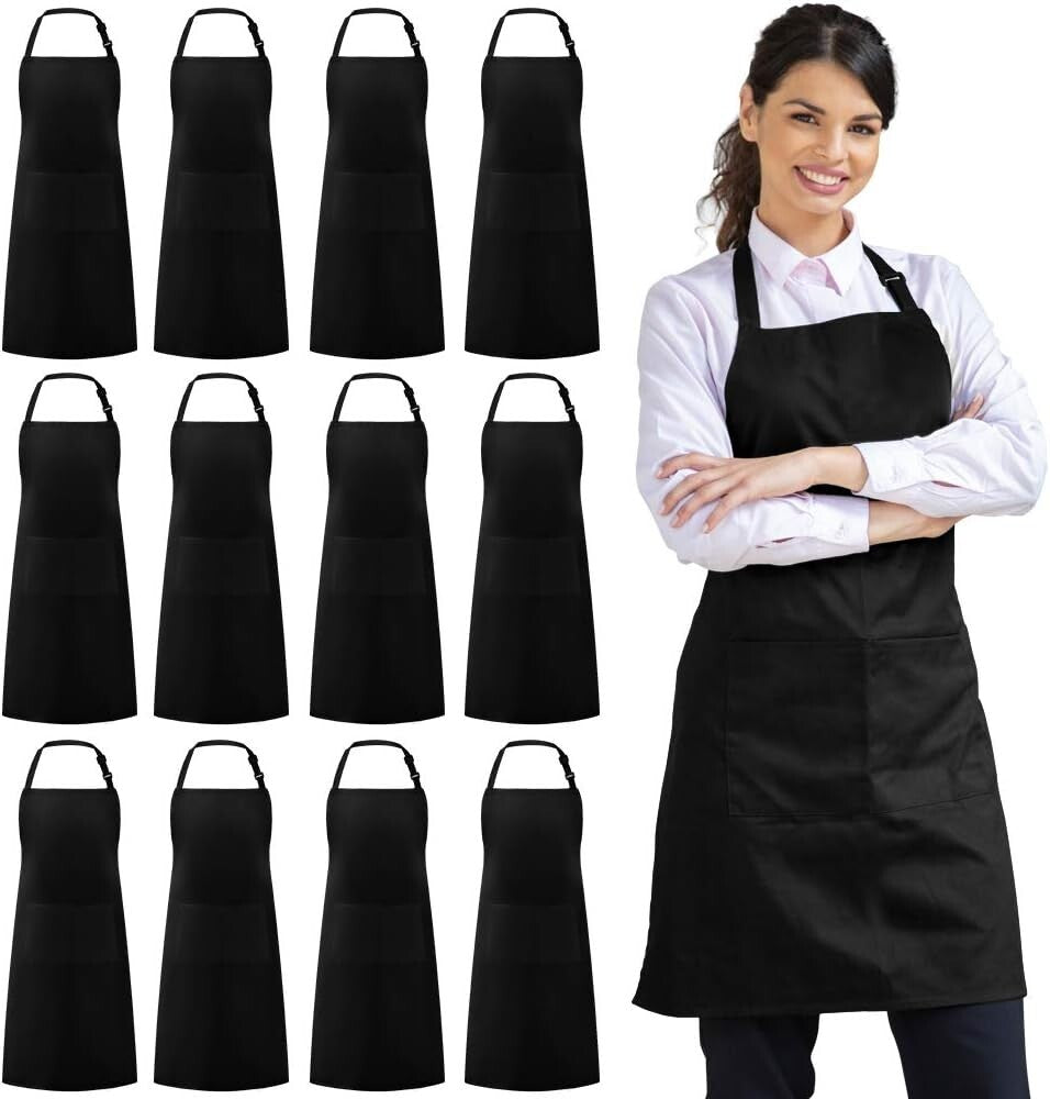 Unisex 100% Cotton Bib Aprons - Bulk 12 Pack with Large Pockets for Kitchen Use