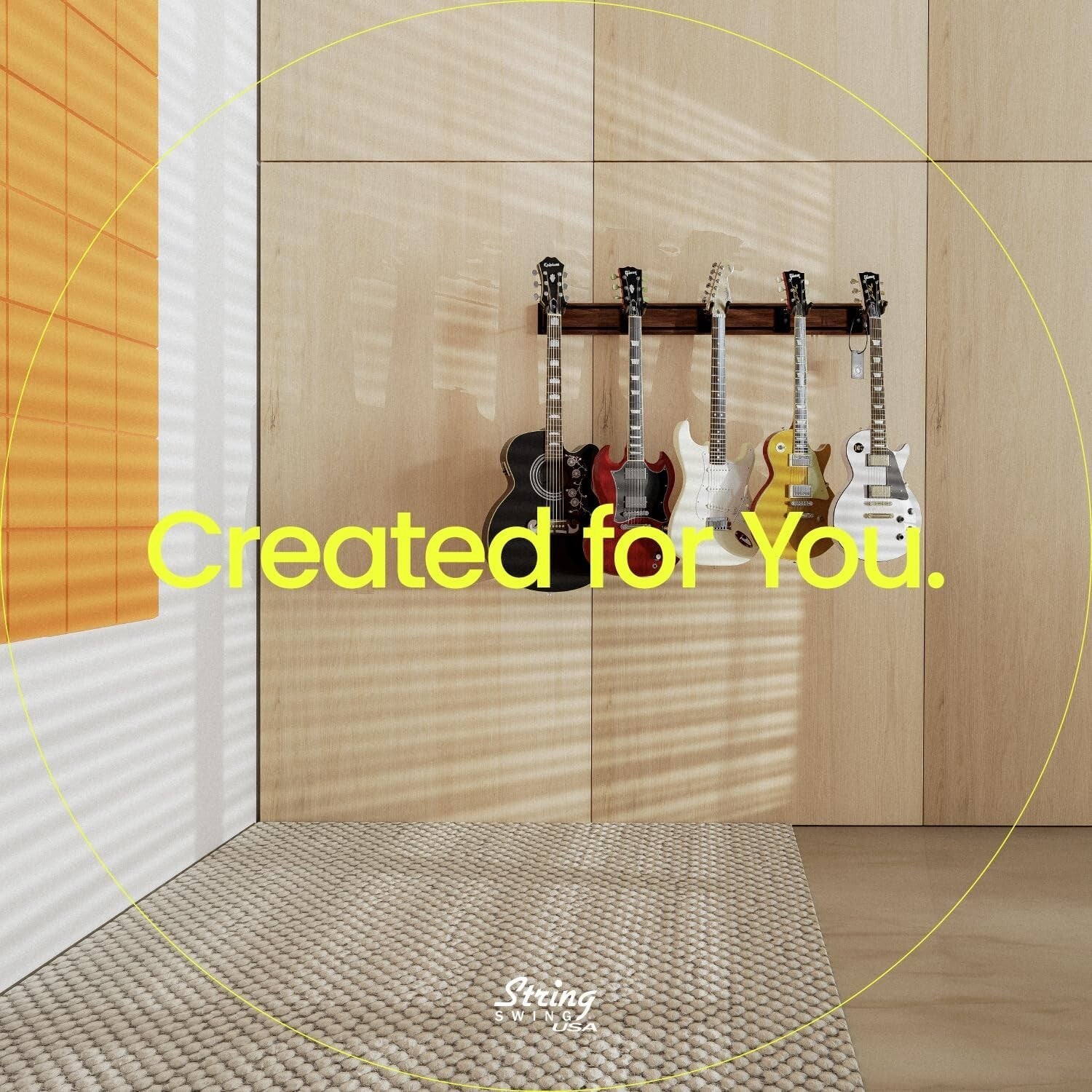 Elegant Guitar Wall Rack for 5 Guitars - Walnut Print Aluminum, Easy Install