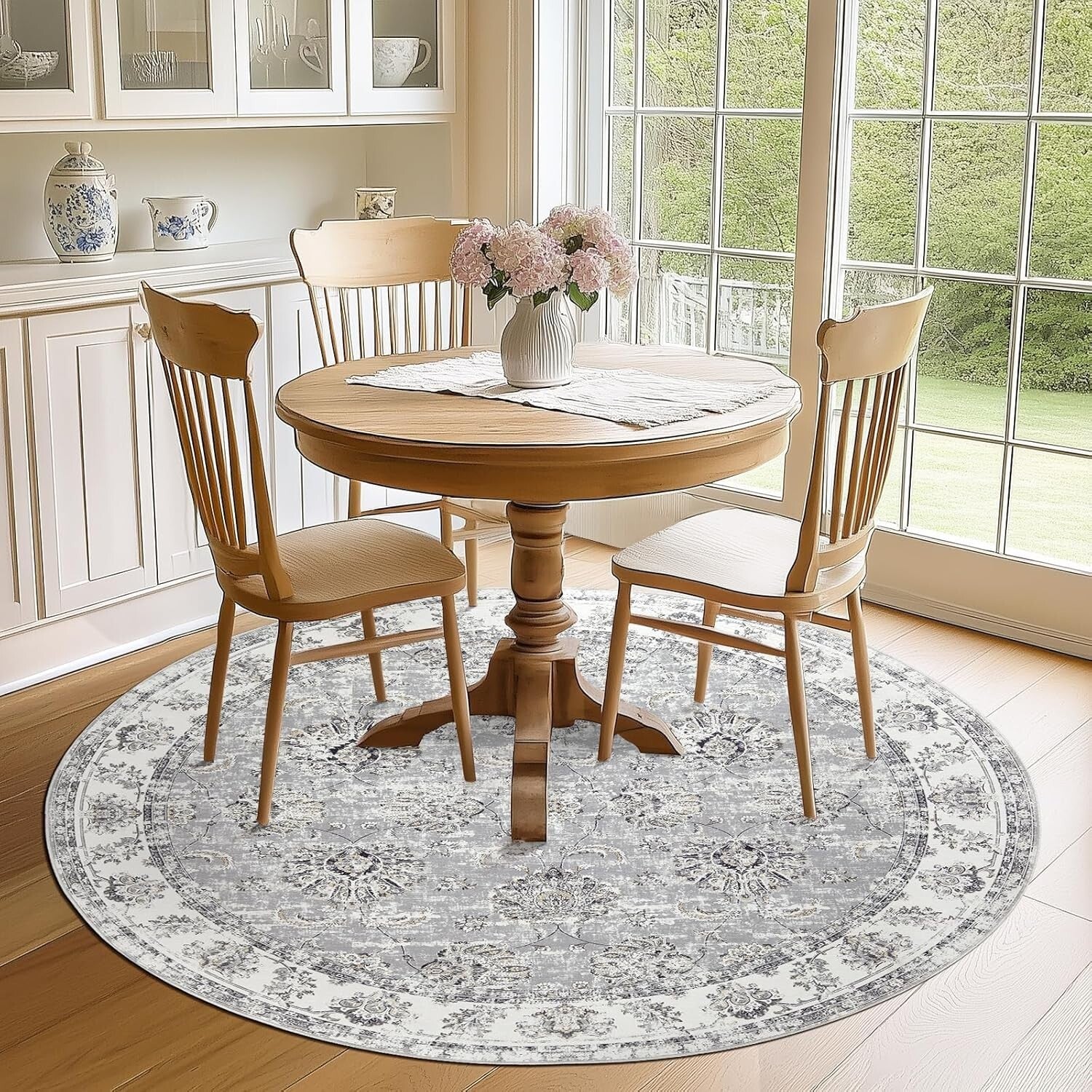 6ft Round Floral Distressed Area Rug - Machine Washable & Non-Slip Grey Elegance