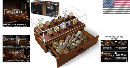 Elegant Handcrafted Coin Display Case for 50 Coins - 360° Views & Luxury Finish