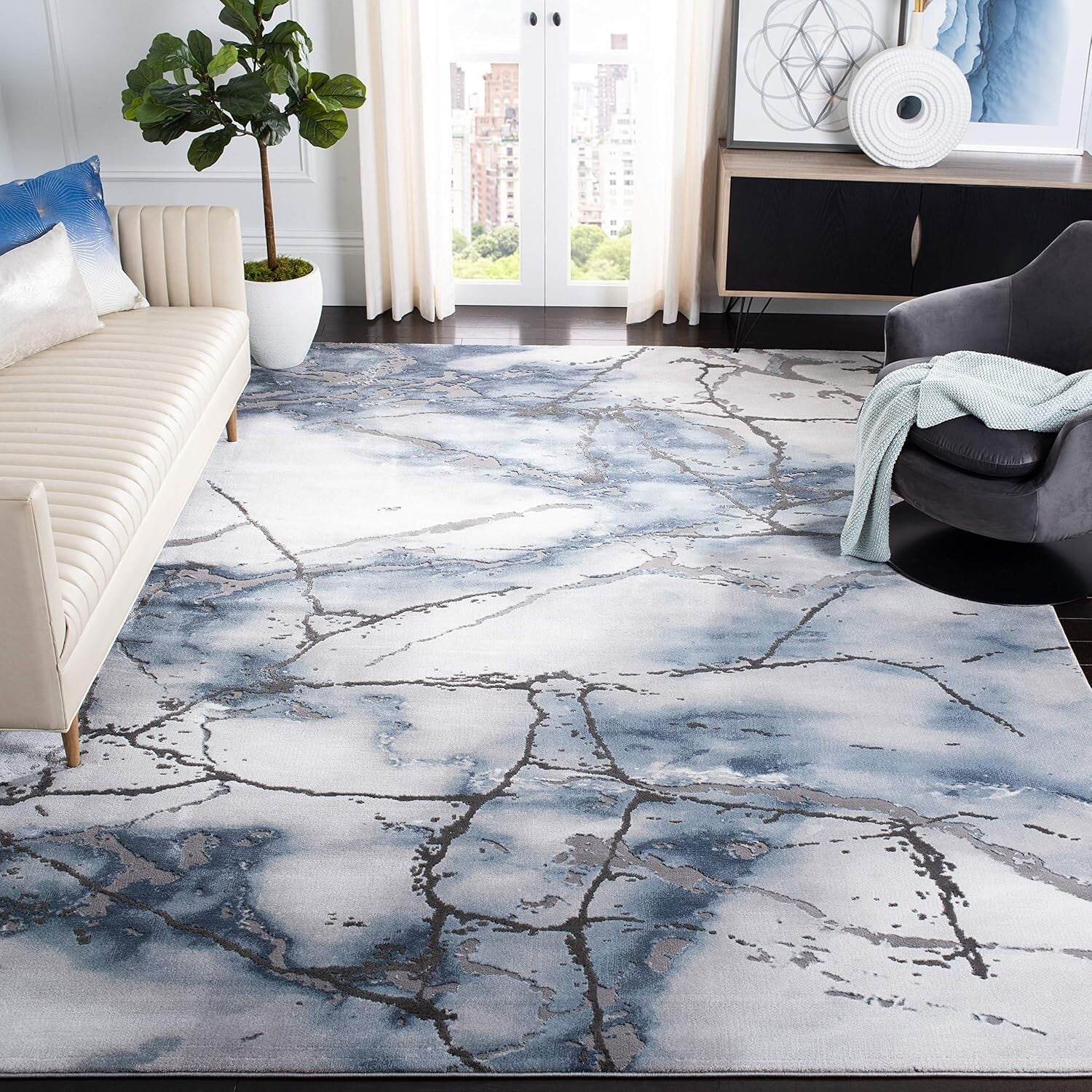 Stain Resistant Grey & Blue Area Rug - 9' x 12', Ideal for High Traffic Spaces