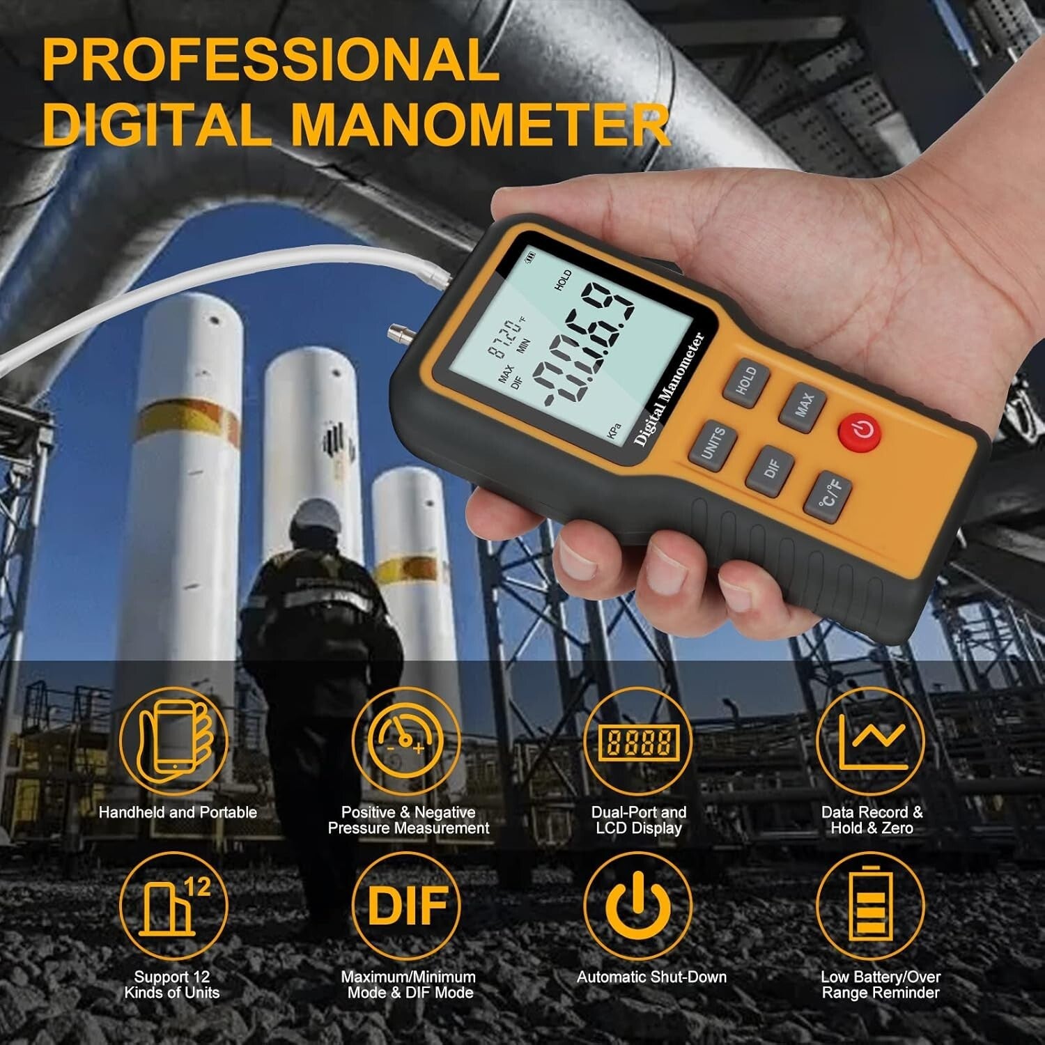 Professional Dual-Port Digital Manometer - 12 Units Gas Pressure Tester