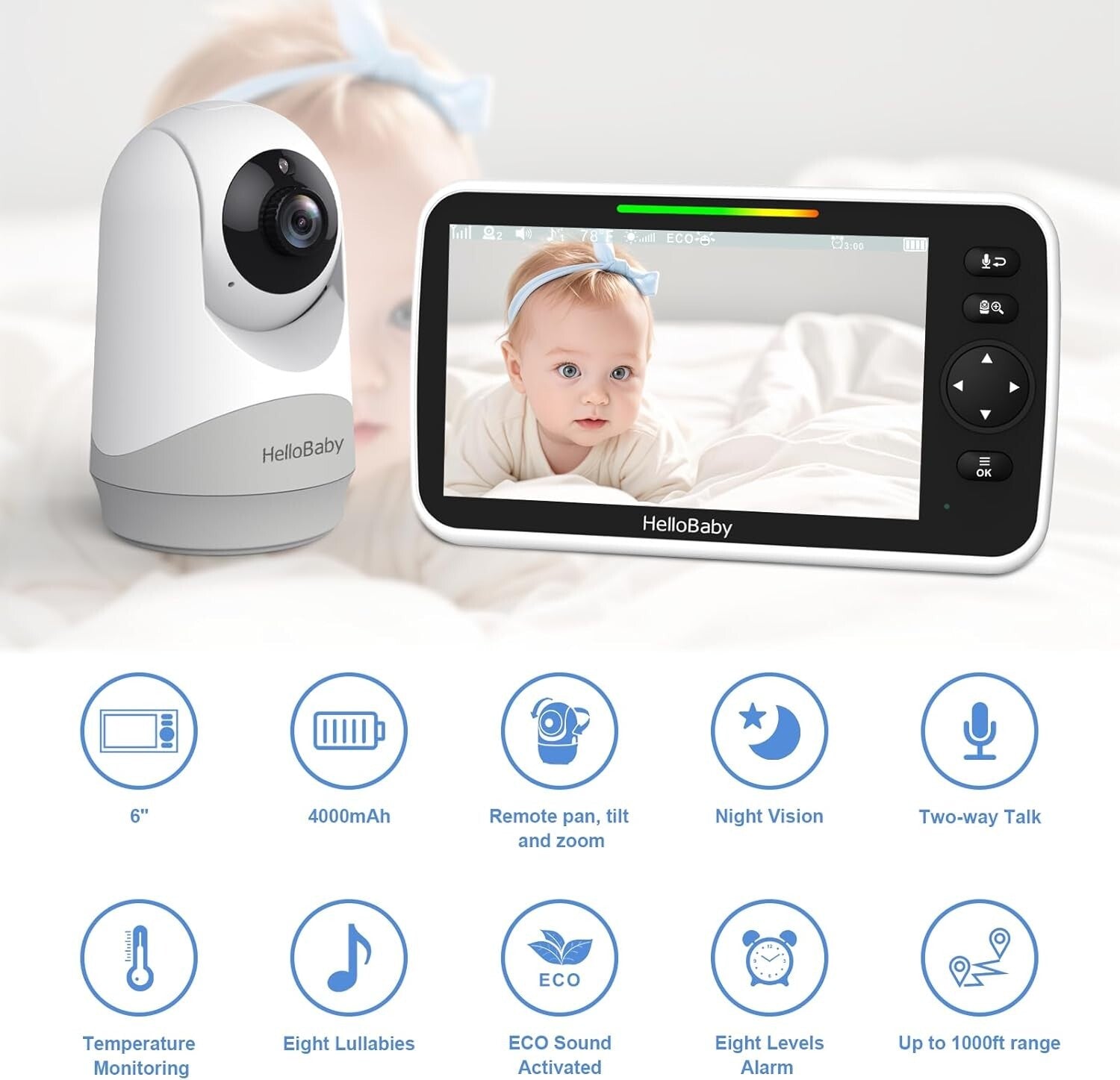 Video Baby Monitor with 6” IPS Screen & 4000mAh Battery - Ultimate Safety