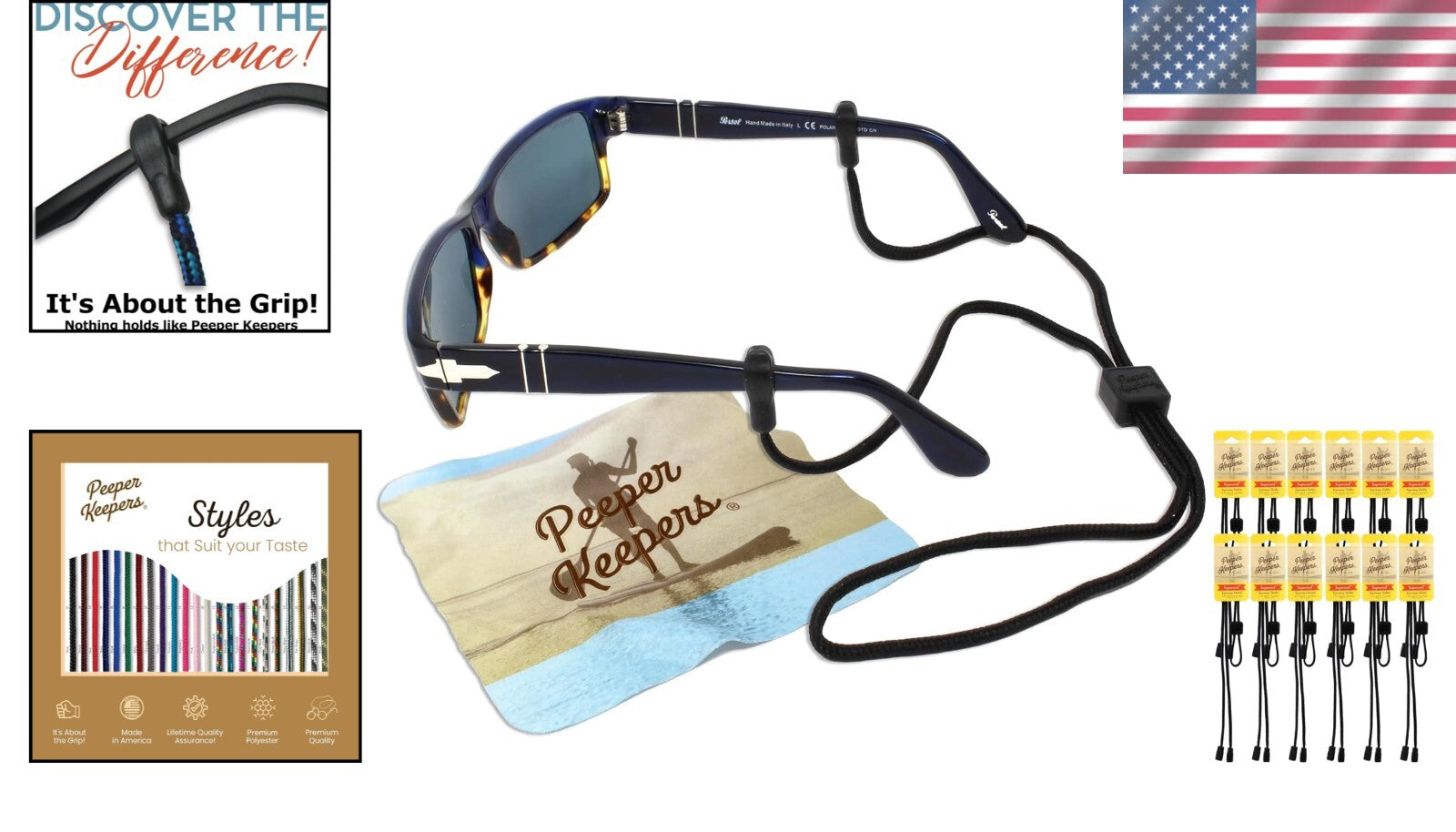 Stylish 12 Pack Adjustable Eyeglass Chains with No-Slip Grips & Microfiber Cloth