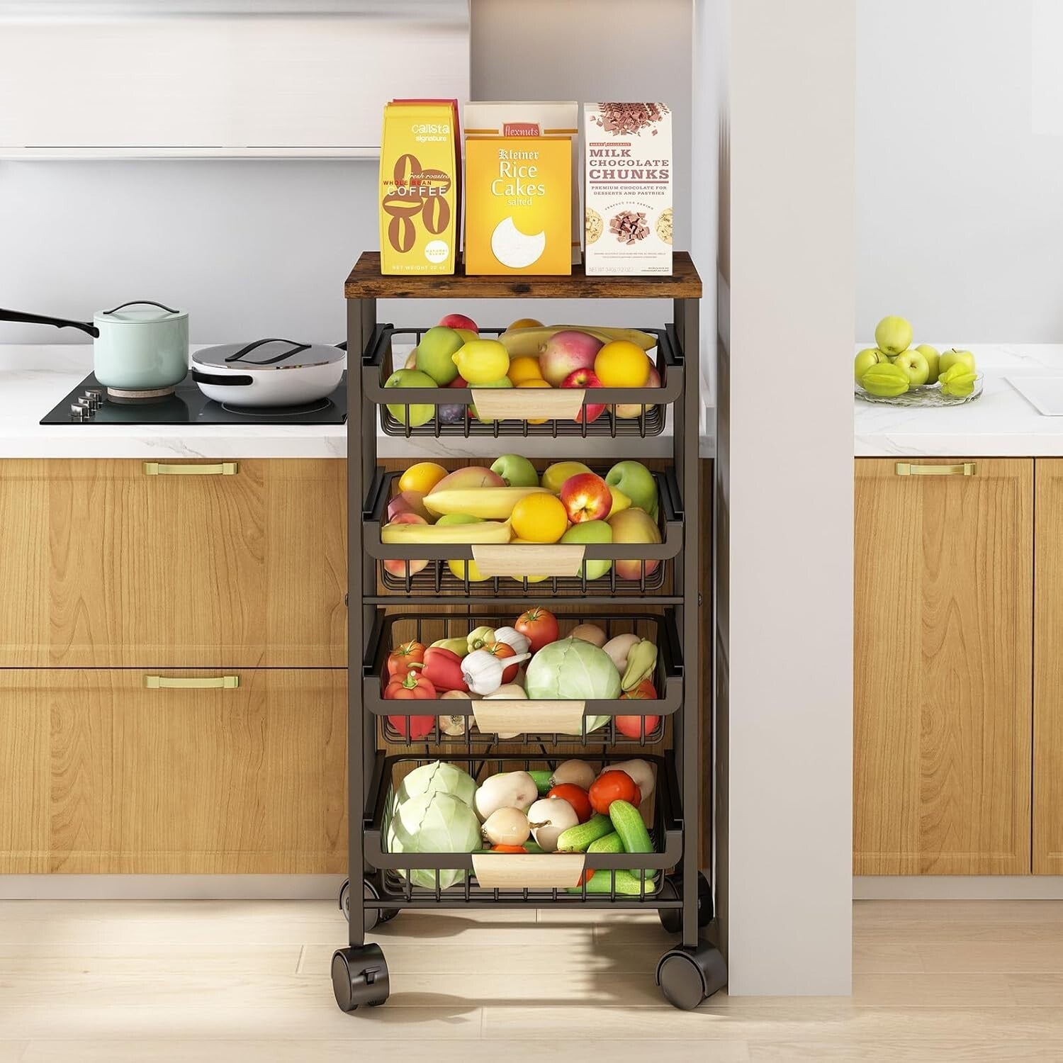 Rolling Vegetable Storage Cart with Wooden Top - 4 Tier Organization for Kitchen