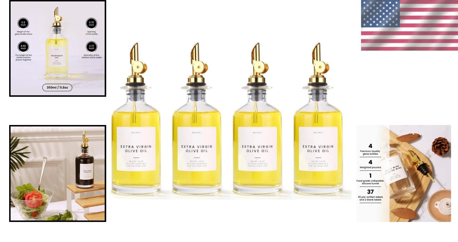 Elegant 350ml Olive Oil Dispenser Set with Gold Pourers and Waterproof Labels