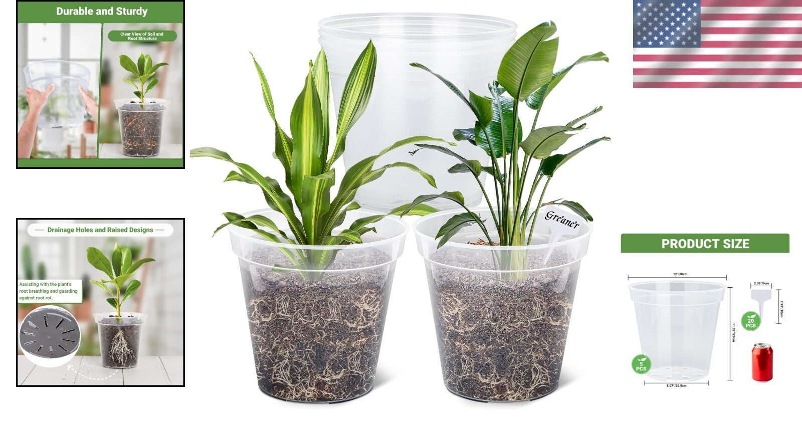 5-Pack Durable Clear Plastic Planters - 12-Inch with Drainage for Plant Growth