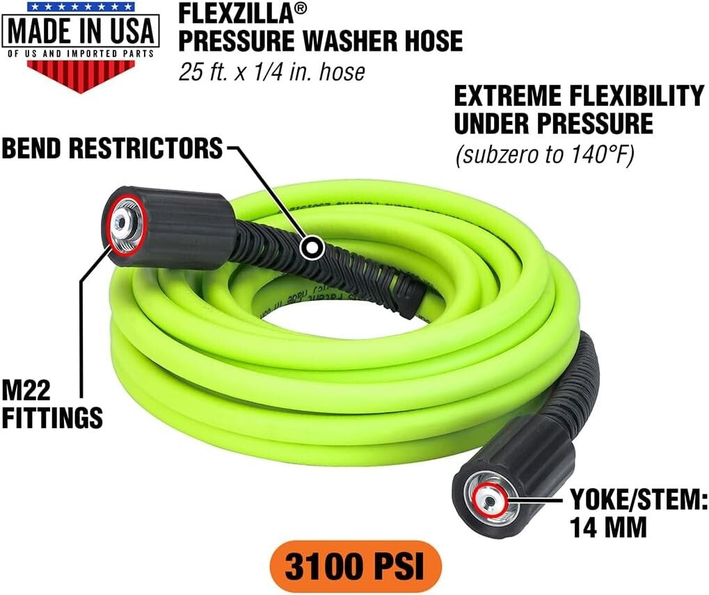 ZillaGreen 25 ft Pressure Washer Hose with M22 Fittings - 3100 PSI Flexibility