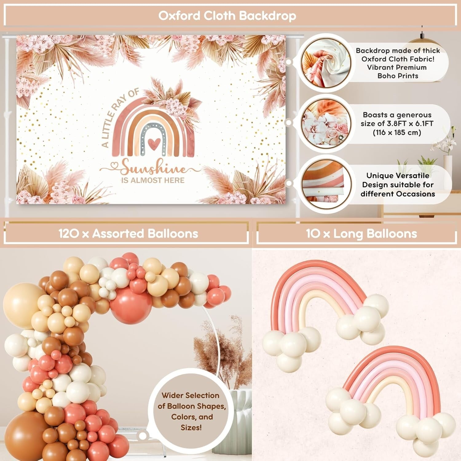 Elegant Boho Baby Shower Decorations - Complete Kit with Backdrop & Tableware