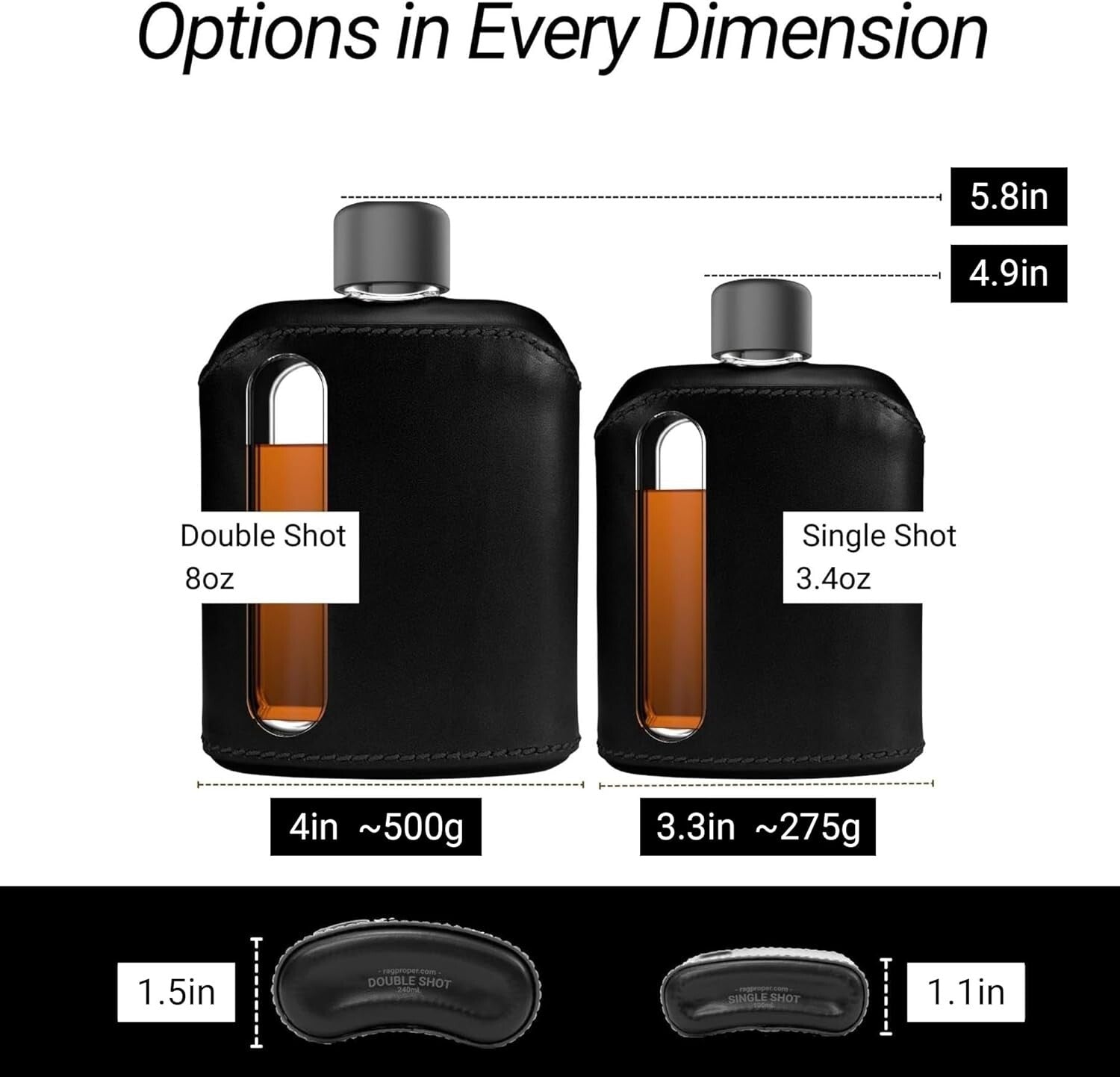 Modern Leather Covered Glass Hip Flask for Whiskey - Double Shot 240ml