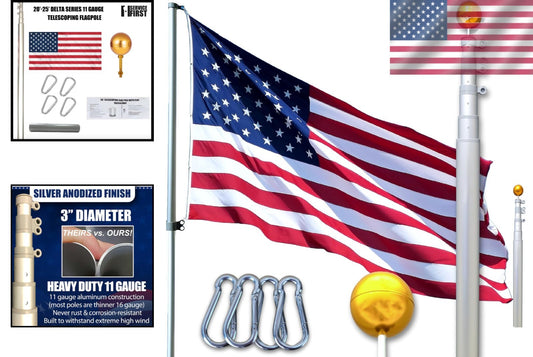 No Rust 20-Foot Telescoping Flagpole Kit - Complete with USA Flags and Hardware