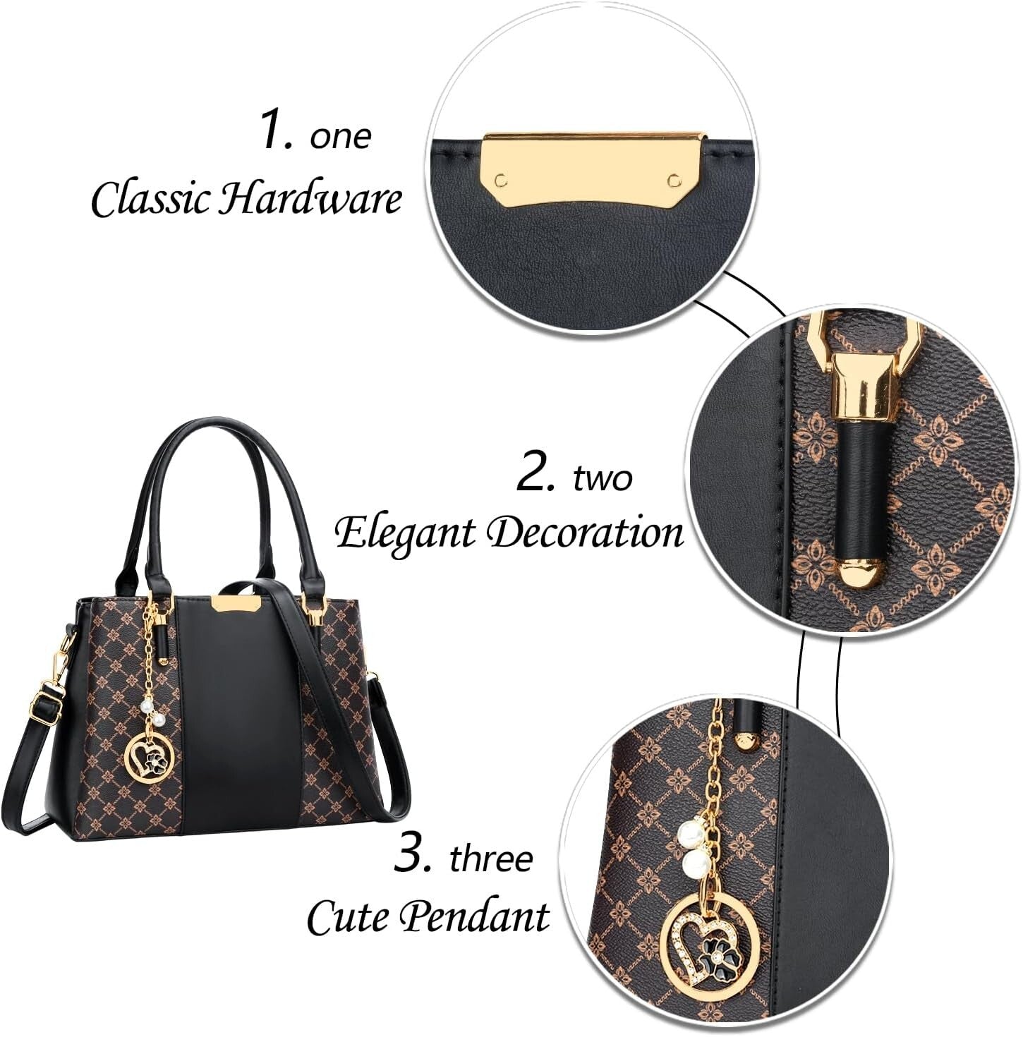 Elegant Floral Vegan Leather Handbag with 3 Zippered Compartments for Women