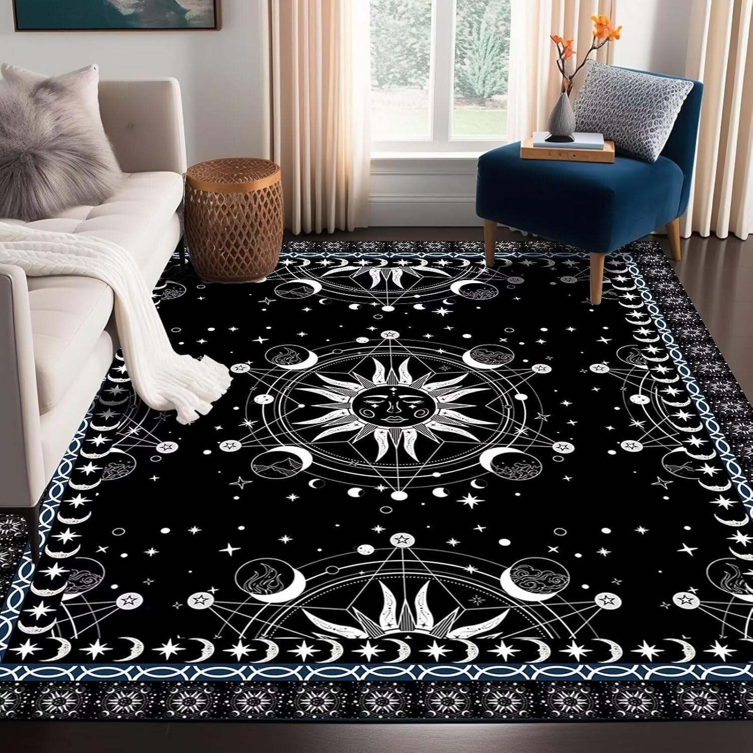 Whimsical 5' x 7' Black Polyester Floral Rug with Anti-Slip Design for Home Use