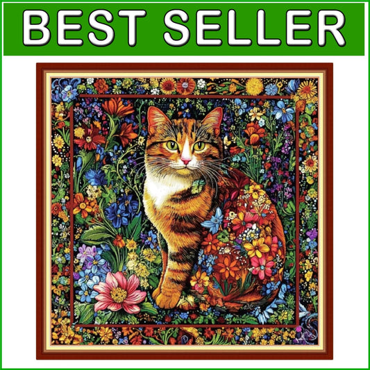 Beginners Colorful Flower Cat Cross Stitch Kit - Easy DIY Embroidery 18x18