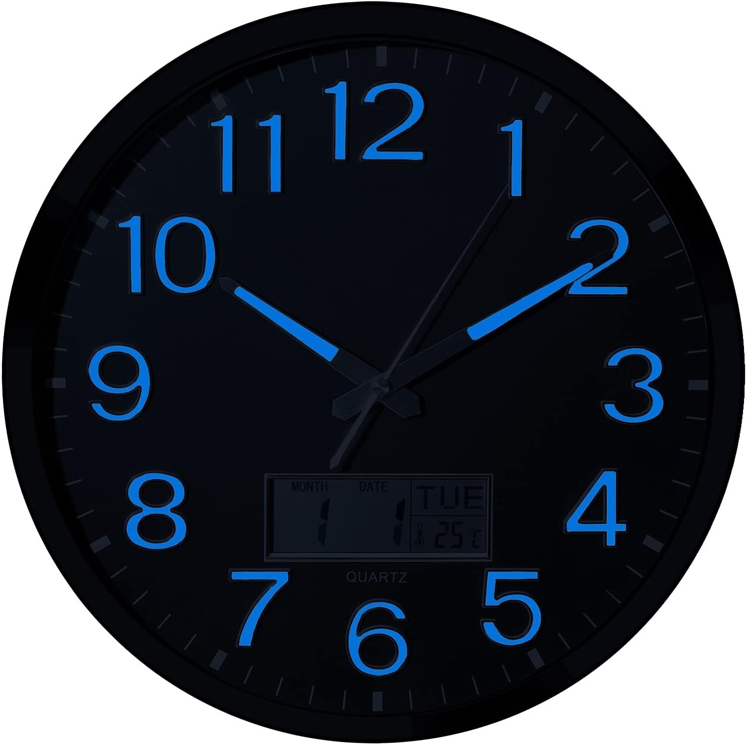 Elegant 14-Inch Battery Operated Wall Clock with Glowing Features & Temp Display