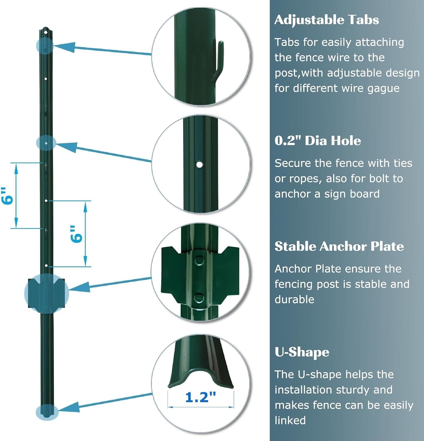 Durable 3-Foot Powder Coated Green Steel Fence Post - 10 Pack for Garden Fencing