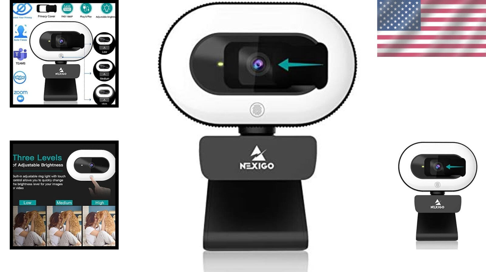 1080P HD Webcam with Ring Light & Auto-Focus for Zoom & Online Learning