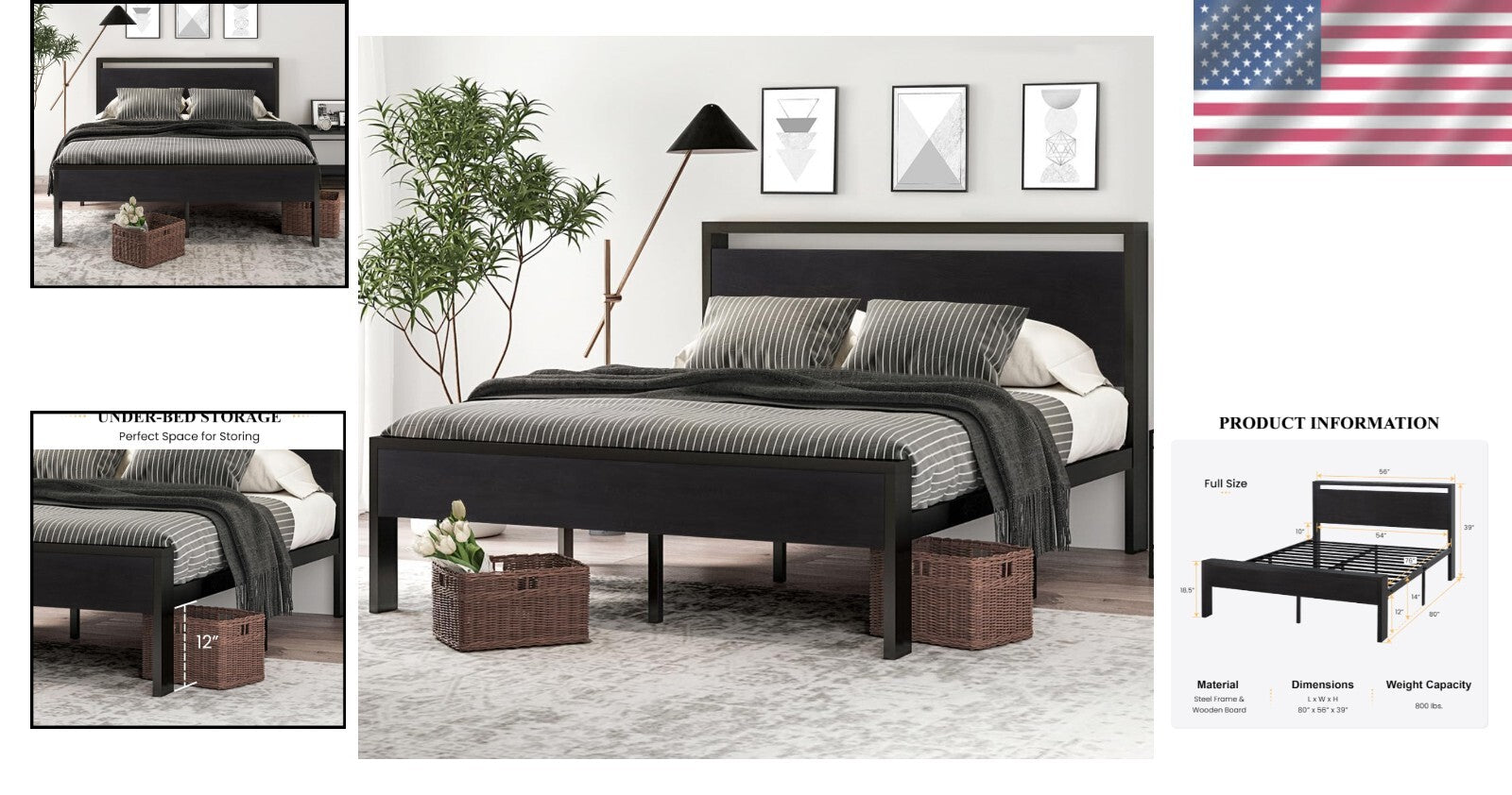 Sturdy 14-Inch Full Metal Platform Bed Frame with Rustic Black Oak Headboard