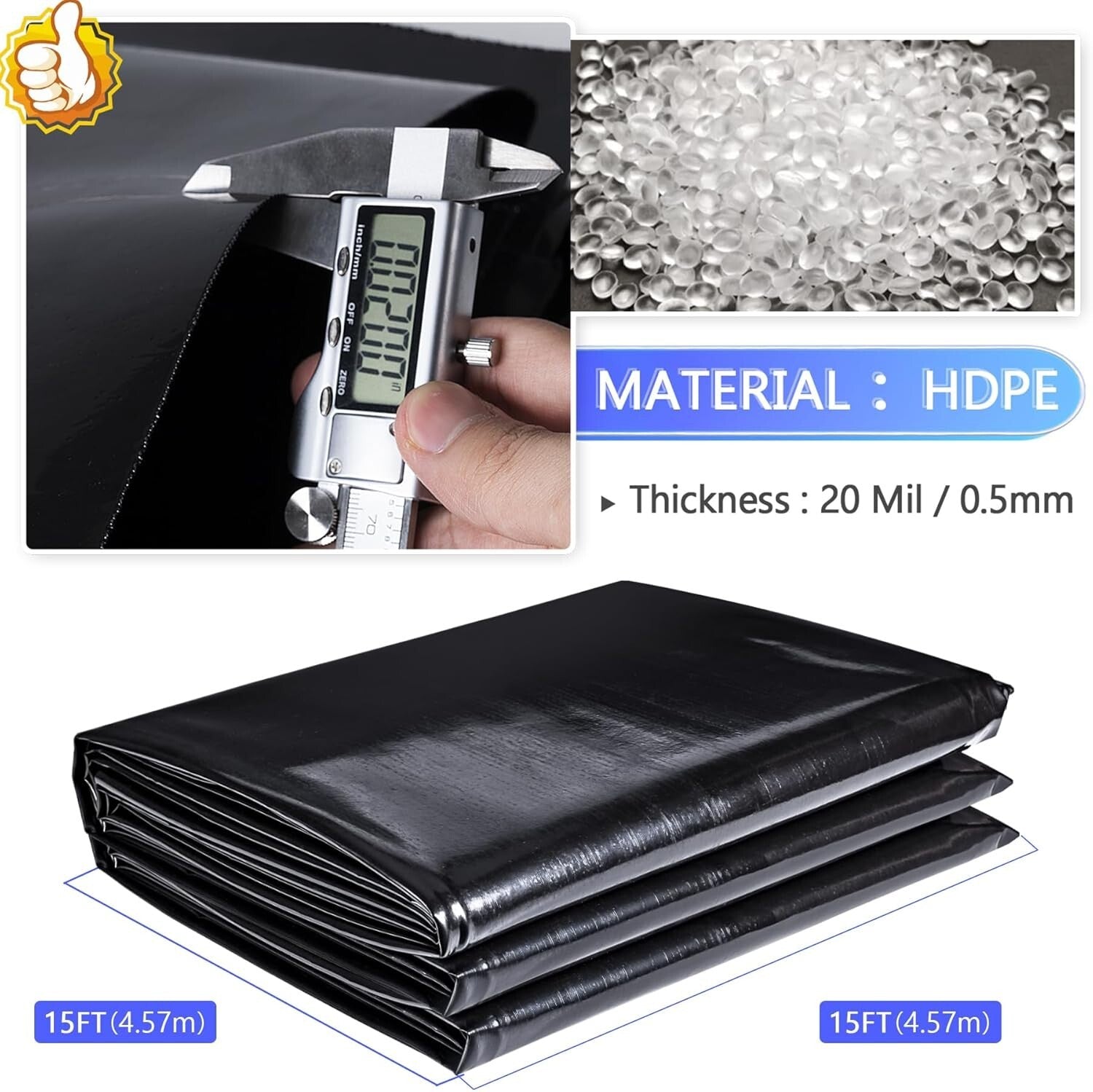 UV Resistant HDPE Pond Liner 15x15 FT - Perfect for Koi Ponds and Water Gardens