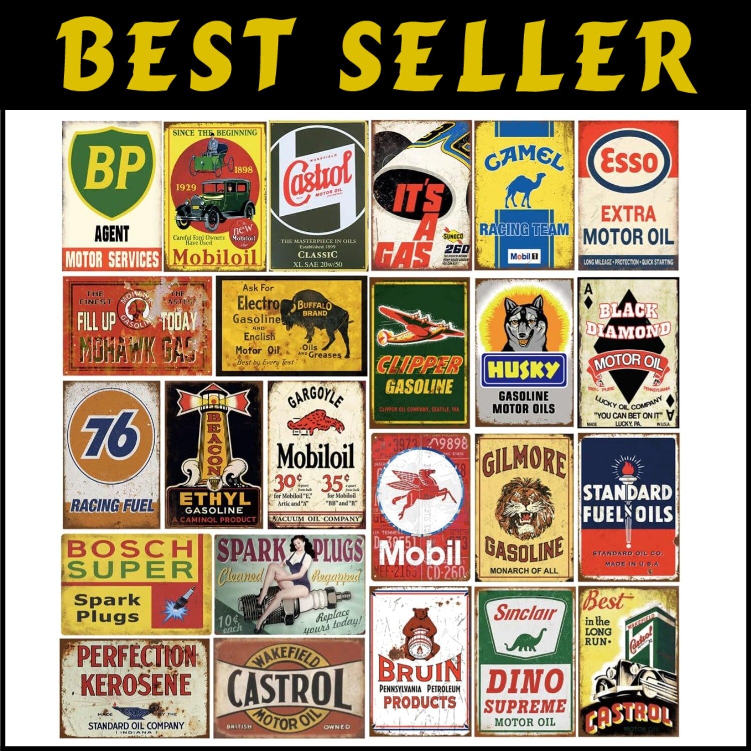 Durable Vintage Gas & Oil Metal Signs - 24-Piece Wall Art Collection, 8x12 in.