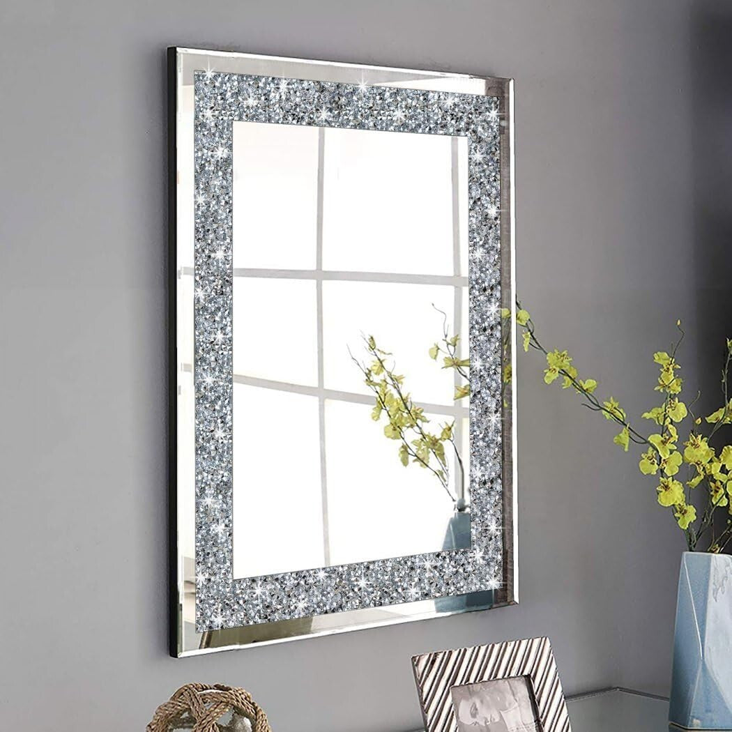 Elegantly Crafted 28x20" Silver Frameless Rectangle Mirror with Crystal Design