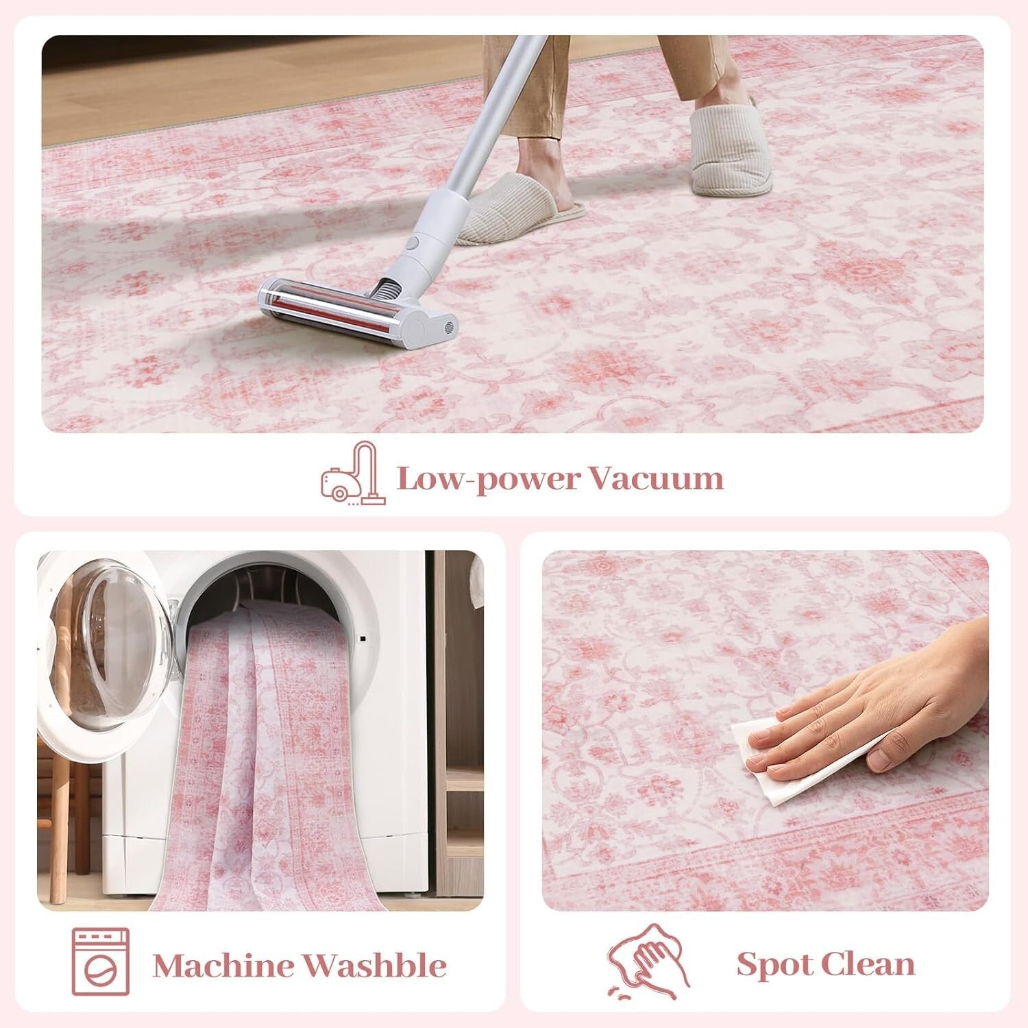 Elegant 8x10 Pink Floral Area Rug - Soft Washable Faux Wool for Living Spaces