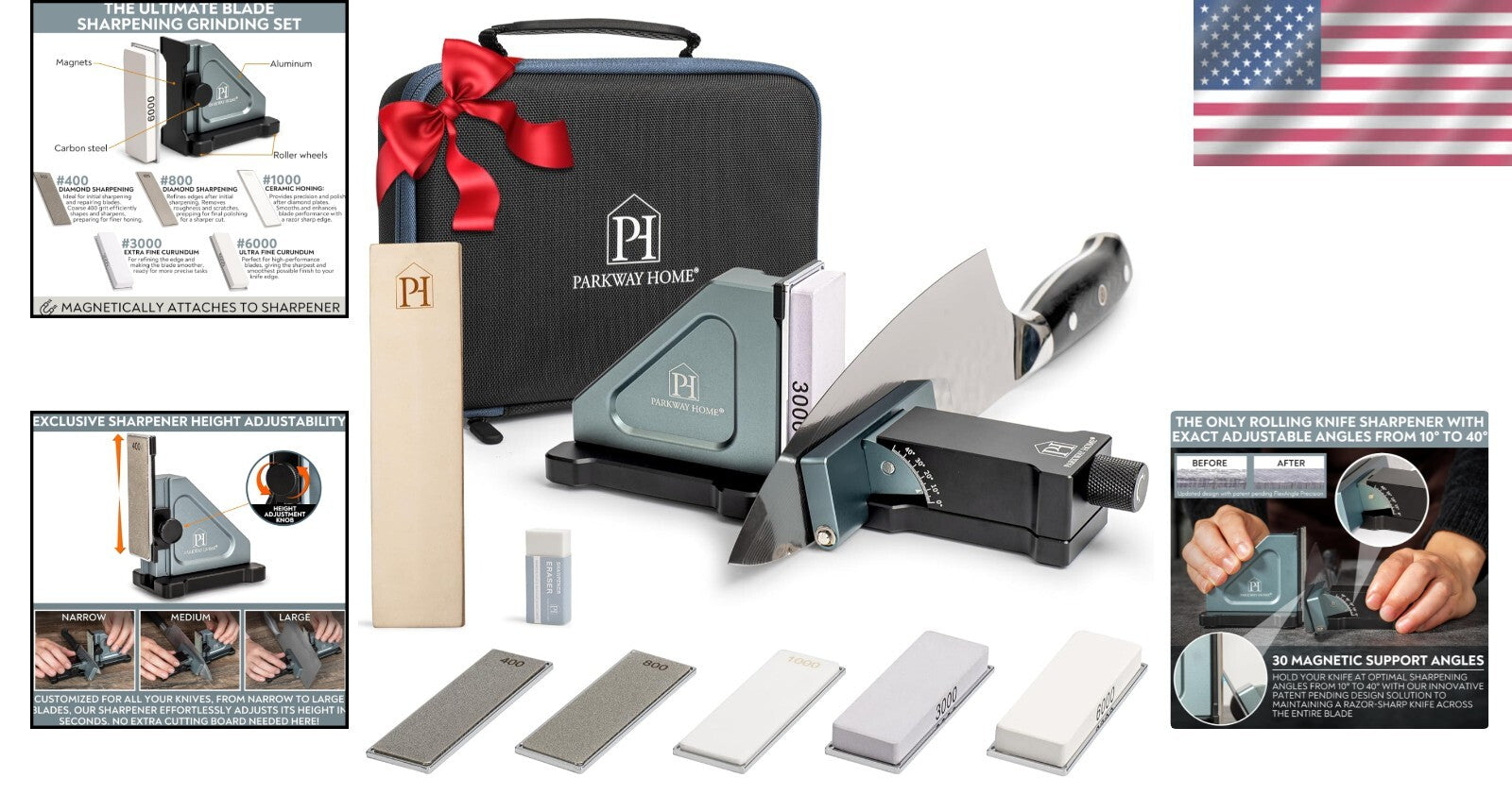 Lightweight Adjustable Knife Sharpener with 5 Whetstone Plates & Travel Case