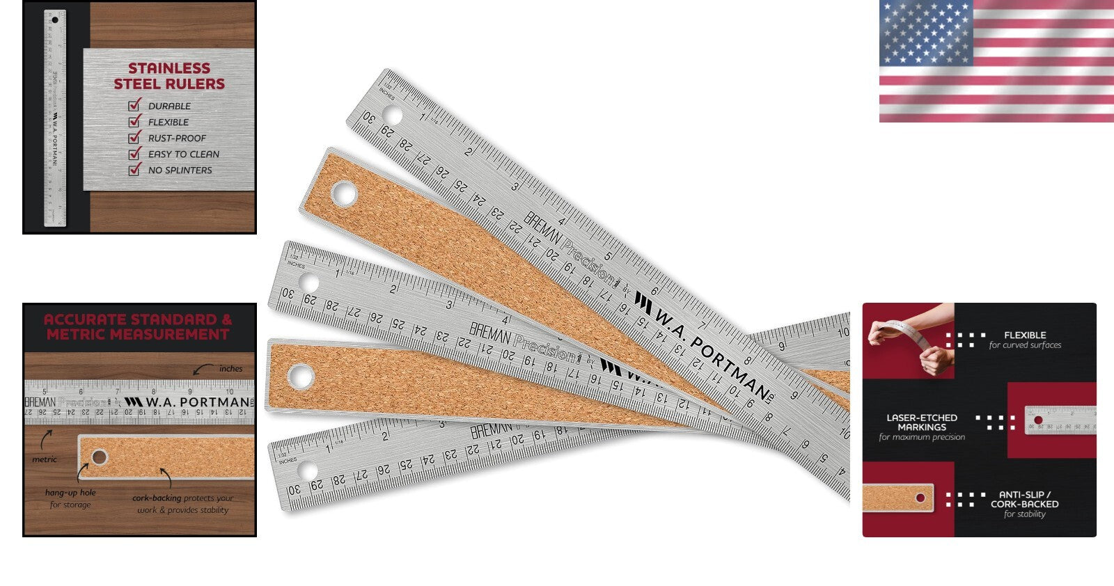 10-Pack 24 Inch Flexible Stainless Steel Rulers with Cork Backing for Accuracy