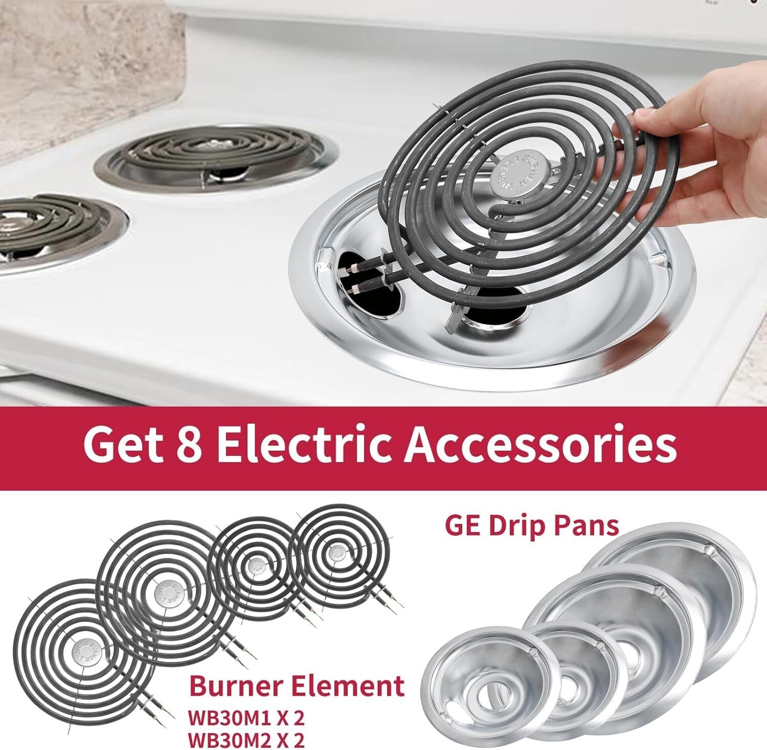 6" & 8" Drip Pan and Burner Element Set for GE & Hotpoint Stoves - Easy Care