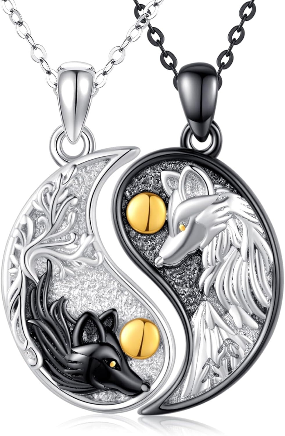 Yin Yang Wolf Pendant Necklace Set for Friends & Couples - Adjustable Chain