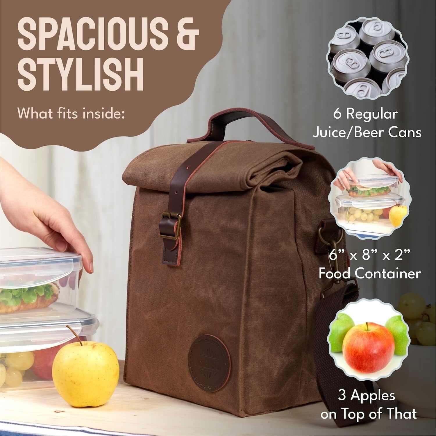 Durable Brown Insulated Lunch Tote - Leakproof 10L Canvas Bag with Strap