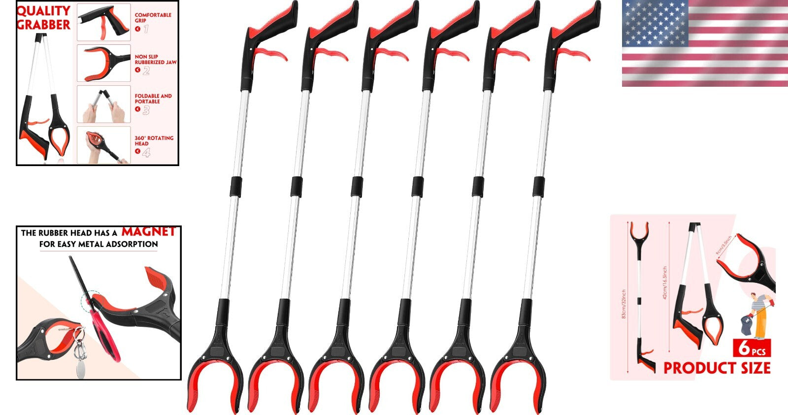 Elderly Mobility Aids - 6 Pack 32 Inch Grabber Reachers with Non-Slip Grip
