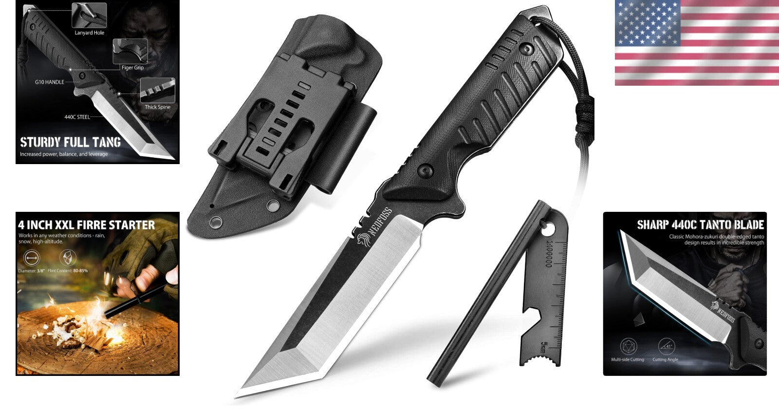 440C Tactical Outdoor Knife with Fire Starter & Kydex Sheath - Perfect Campin...