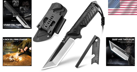 440C Tactical Outdoor Knife with Fire Starter & Kydex Sheath - Perfect Campin...