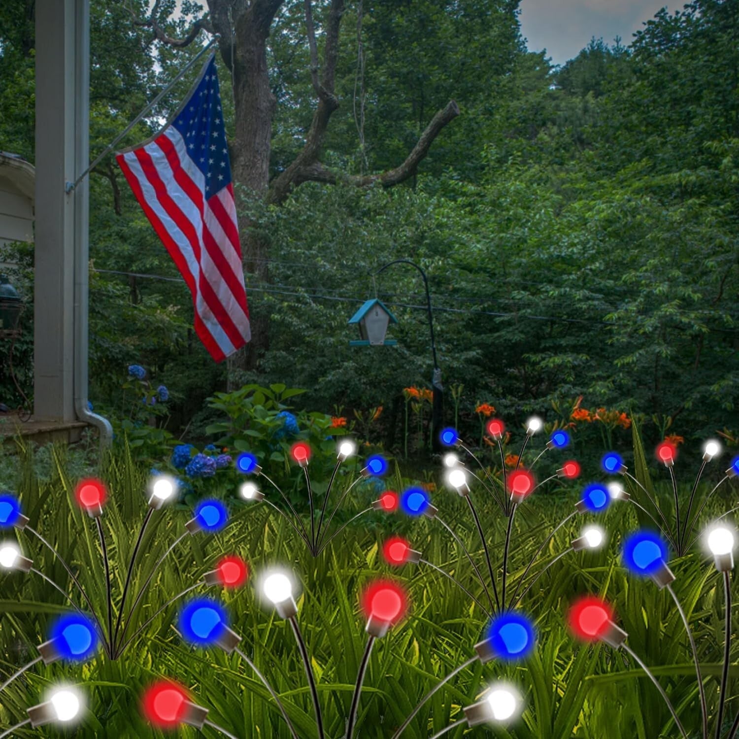 36 LED Solar Powered Red White Blue Lights with 2 Modes - Independence Day Decor
